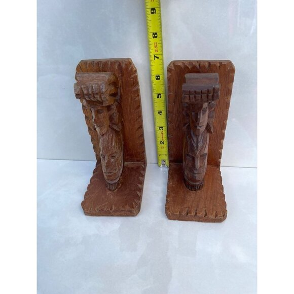 Vintage Bookends Pair Carved Wood Shelf Art Tribal Hand Crafted Brown 4.5x7" - Picture 8 of 11